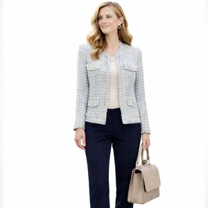 Preston & York Blue & Beige Plaid Tinsel Tweed Blazer 3/4 Sleeve Open Jacket 12